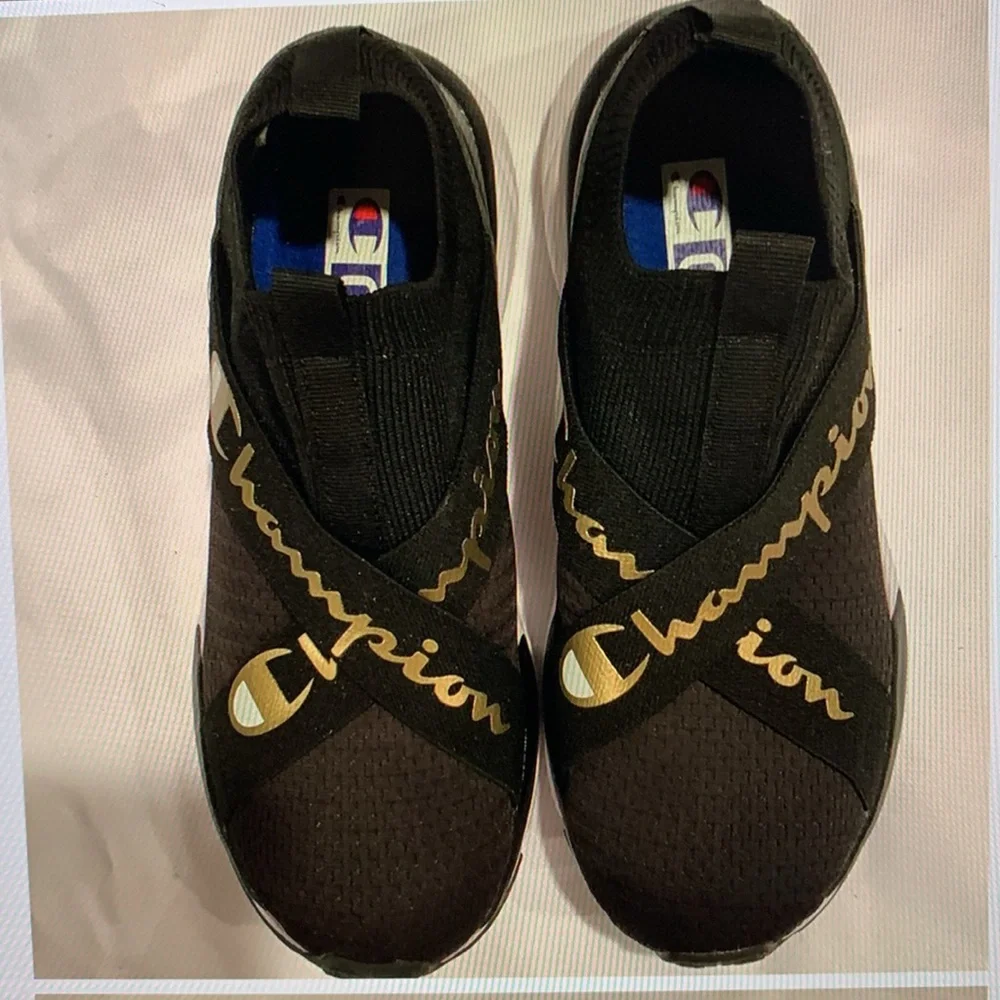Champion Black and Gold Slip-On Sneakers Sleek Design, size 7